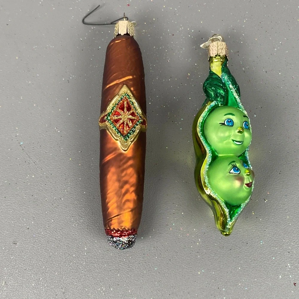 Old World Christmas Glass Holiday Ornaments Cigar & Two Peas In A Pod Lot